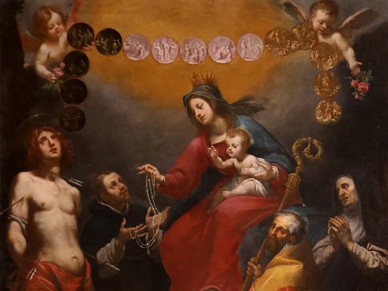 1589-Domenico Pugliani - Madonna del rosario con ss. Sebastiano, Domenico, Gregorio Magno e monaca - Santa Maria Assunta (Gavinana, San Marcello Piteglio)